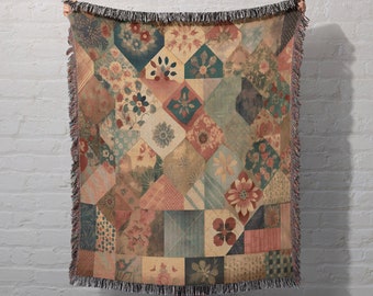 Farmhouse Quilt Throw Blanket: Rustic Cottagecore Woven Tapestry