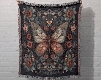 Moody Butterfly Throw Blanket: Botanical Butterfly Woven Tapestry, Mystical Folk Art Blanket, Academia Decor and Dark Cottagecore Aesthetic