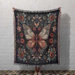 Moody Butterfly Throw Blanket: Botanical Butterfly Woven Tapestry, Mystical Folk Art Blanket, Academia Decor and Dark Cottagecore Aesthetic