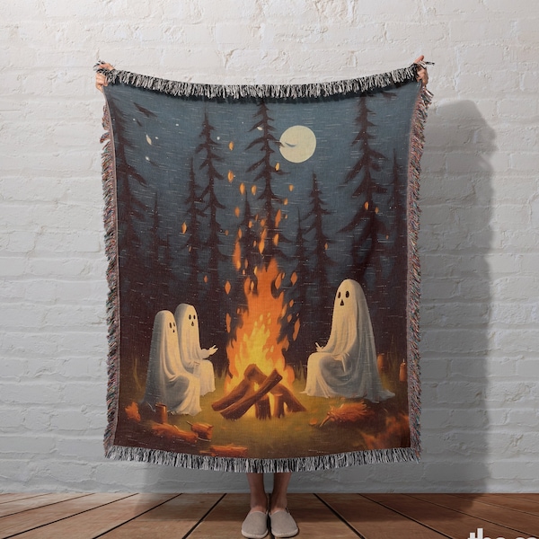 Ghost Camping Throw Blanket: Retro Spooky Season Woven Tapestry, Dark Cottagecore Blanket for Cute Indoor Halloween And Whimsigoth Decor