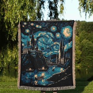 Whimsical Wizard Castle Throw Blanket | Moody  Bookish Tapestry Blanket for Book Lovers and Fantasy Room DecorStarry Night Wizard Castel