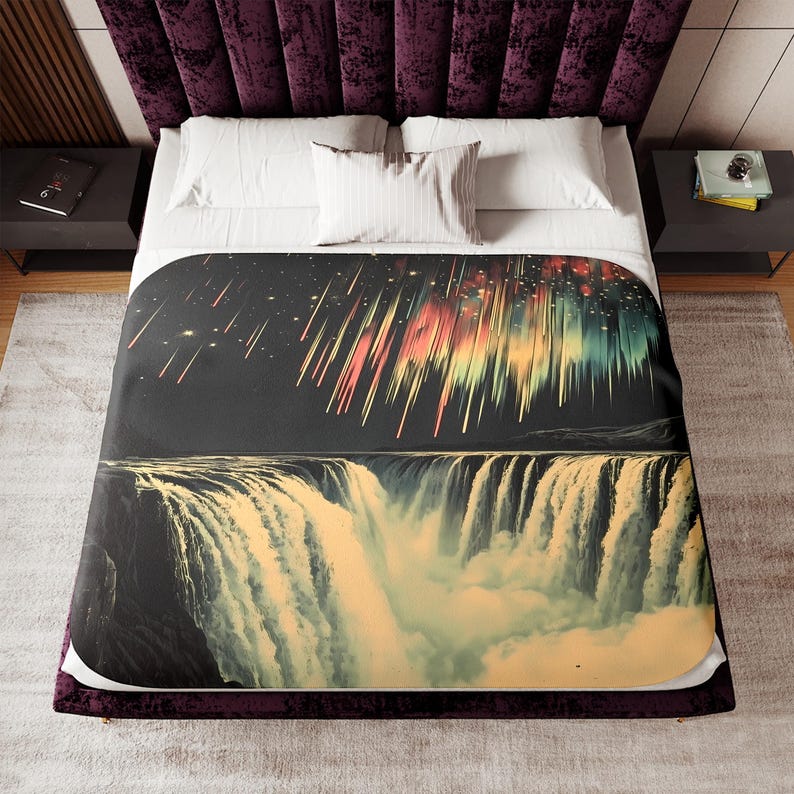 May include: A black and white illustration of a waterfall with a colorful aurora borealis in the background. The aurora borealis is made up of streaks of red, orange, yellow, green, and blue.