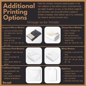 May include: A graphic with a brown background and white text that reads "Additional Printing Options". The graphic features four different types of blankets: Jacquard Woven Blanket, Velveteen Plush Blanket, Sherpa Fleece Blanket, and Minky Blanket. Each blanket type has a description of its features and available sizes. The graphic also includes a section for Wall Prints, which are described as museum-grade paper prints available in multiple sizes.