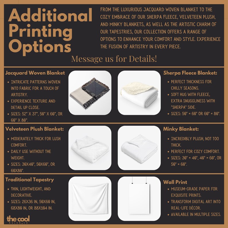 May include: A graphic with a brown background and white text that reads "Additional Printing Options". The graphic features four different types of blankets: Jacquard Woven Blanket, Velveteen Plush Blanket, Sherpa Fleece Blanket, and Minky Blanket. Each blanket type has a description of its features and available sizes. The graphic also includes a section for Wall Prints, which are described as museum-grade paper prints available in multiple sizes.