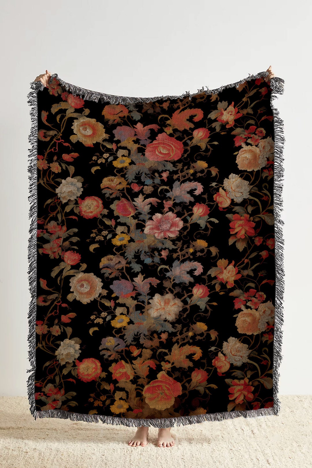 Victorian Floral Woven Throw Blanket Botanical Gothic Woven Tapestry