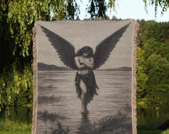 Fallen Angel Tapestry Blanket with Dark Gothic Wings | Fantasy Woven Throw for Dark Academia Decor and Moody Gothic Gifts