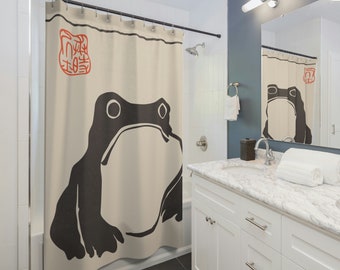Japanese Unimpressed Frog Shower Curtain | Minimalist Matsumoto Hoji Cute Kawaii Toad Bathroom Accessory, Vintage Grumpy Frog Print Decor