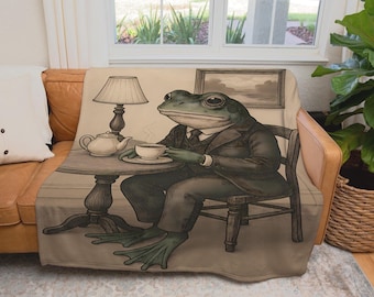 Victorian Frog Tea Time Blanket – Whimsical Toad Woven Tapestry Throw with Cottagecore Frog in Vintage Suit, Folk Art Decor