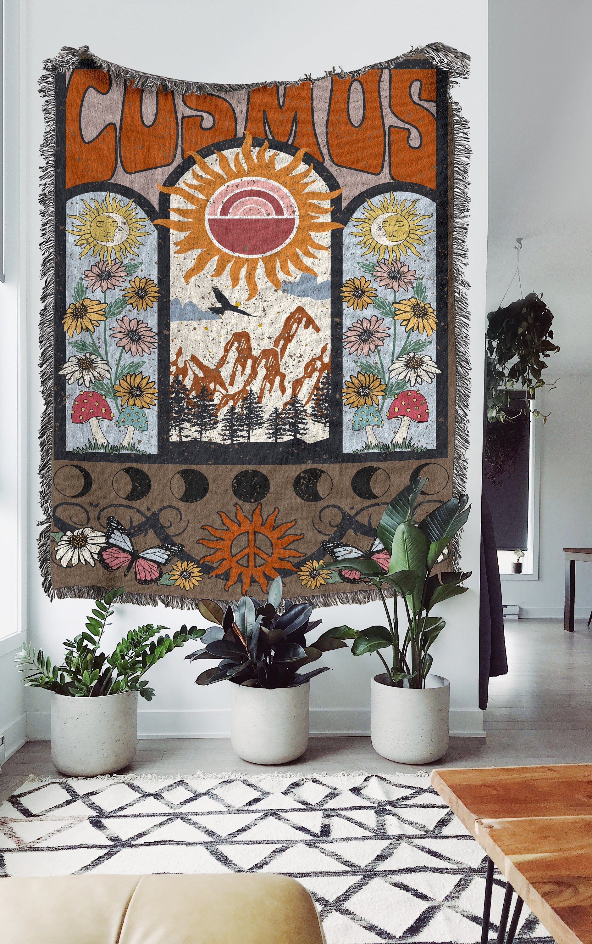 Divine Cosmos Woven Throw Blanket: Durable woven tapestry; Boho throw blanket is great for cottagecore room décor and hippie room decor
