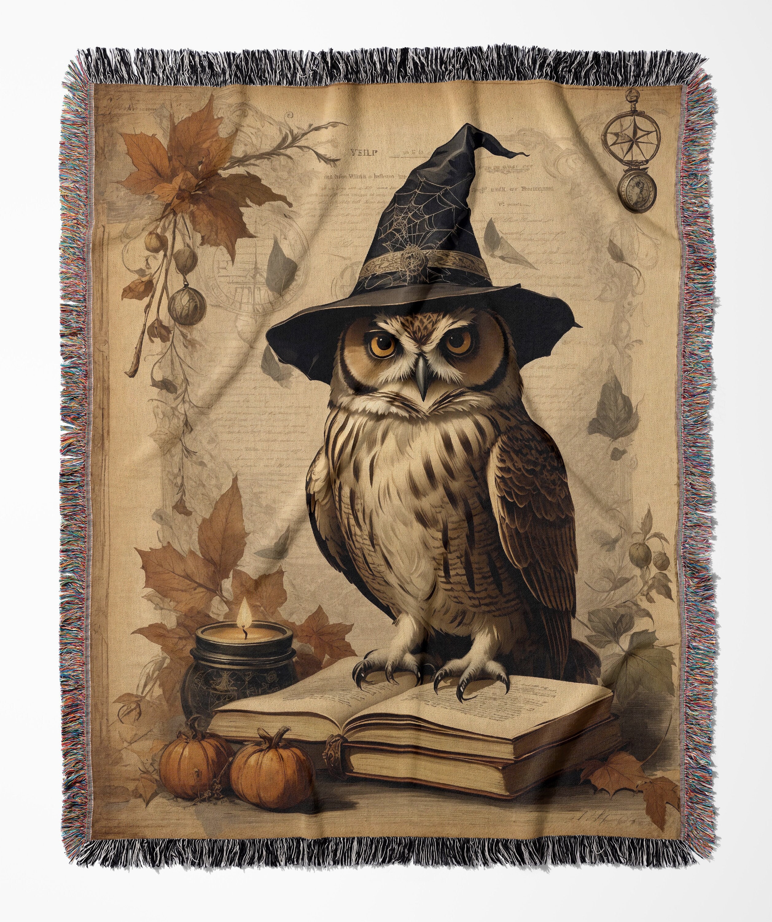 Autumn Owl Throw Blanket: Fall Owl in Witch Hat Woven Tapestry and Antique Book Pumpkin Blanket, Ant