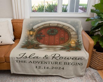 Personalized Winter Cottage Door Blanket | Custom Name Christmas Woven Throw for Couples, Cozy Holiday Fantasy Wedding or Anniversary Gift