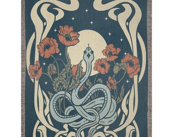 Celestial Snake Woven Blanket: Floral Moon Tapestry, Witchy Occult