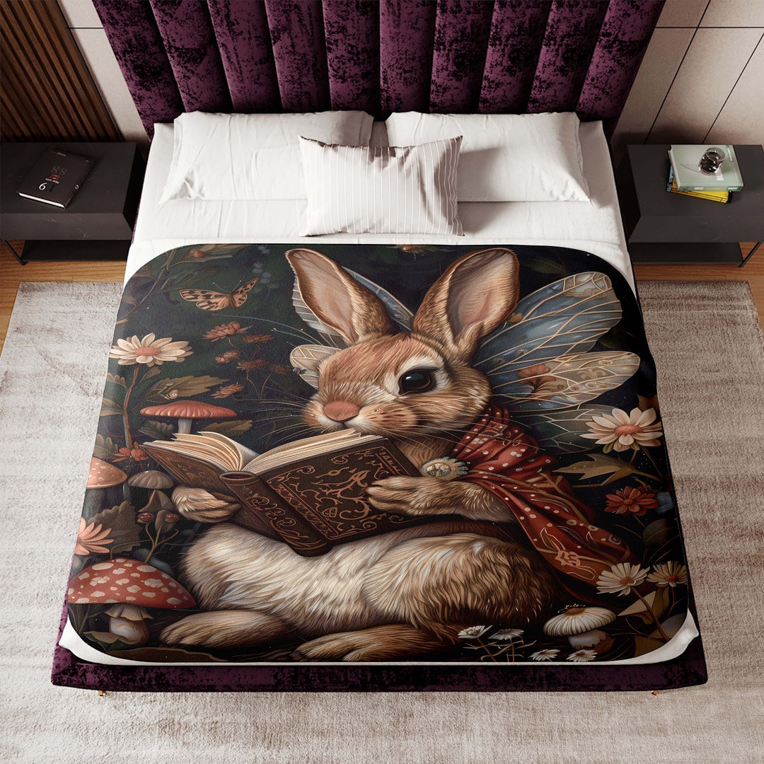 Cute Rabbit Fairy Woven Throw Blanket: Boho Woodland Animal Tapestry ...