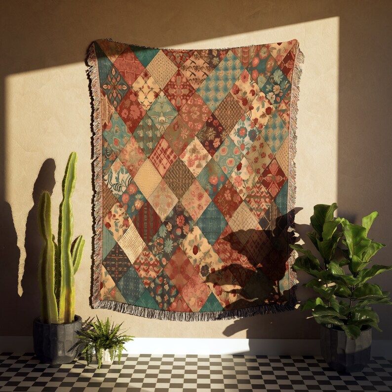 May include: A tapestry throw blanket with a patchwork design featuring various floral patterns in shades of red, blue, green, and brown. The blanket has a fringed edge and is hanging on a wall.