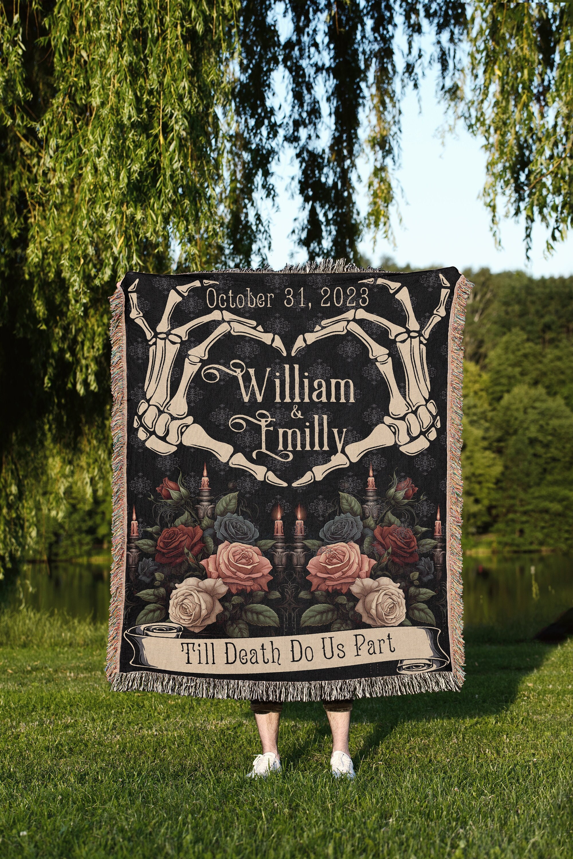 Hand Heart Throw Blanket: Custom Skeleton Couple Gift, Til Death Do Us Part Tapestry, Personalized Goth Wedding Gift, Gothic Anniversary