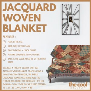 May include: A multi-coloured woven blanket with a geometric pattern. The blanket is made of 100% cotton yarn and has a 2-inch fringe. The blanket is machine washable in cold water. The back of the blanket is the colour negative of the front. The blanket is available in three sizes: 52" x 37", 50" x 60", or 60" x 80".