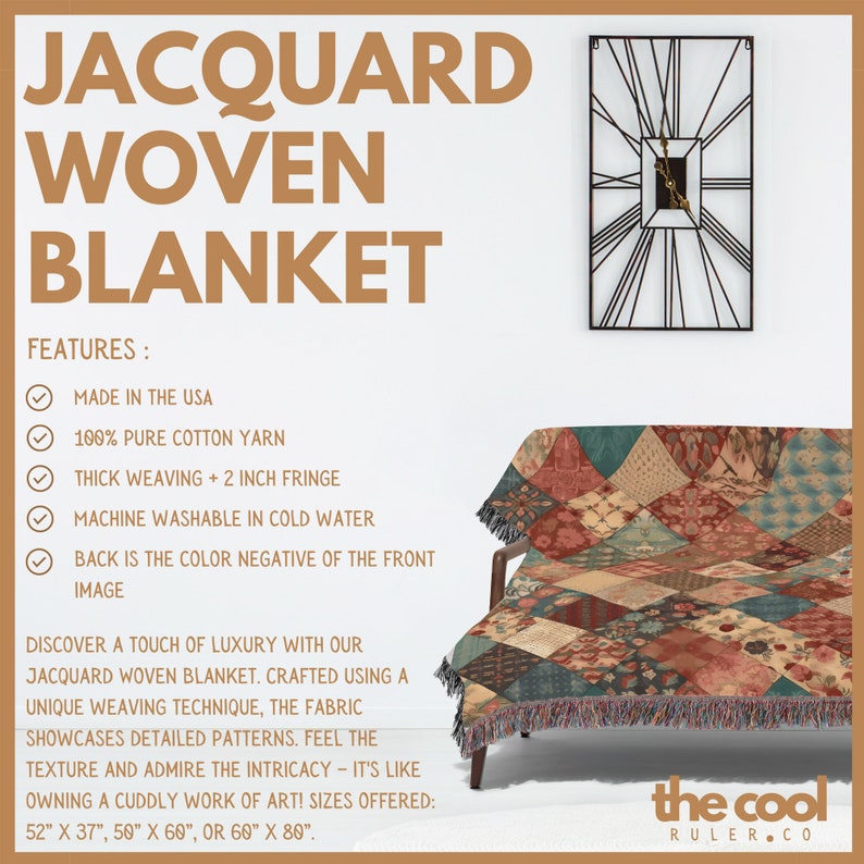 May include: A multi-coloured woven blanket with a geometric pattern. The blanket is made of 100% cotton yarn and has a 2-inch fringe. The blanket is machine washable in cold water. The back of the blanket is the colour negative of the front. The blanket is available in three sizes: 52" x 37", 50" x 60", or 60" x 80".