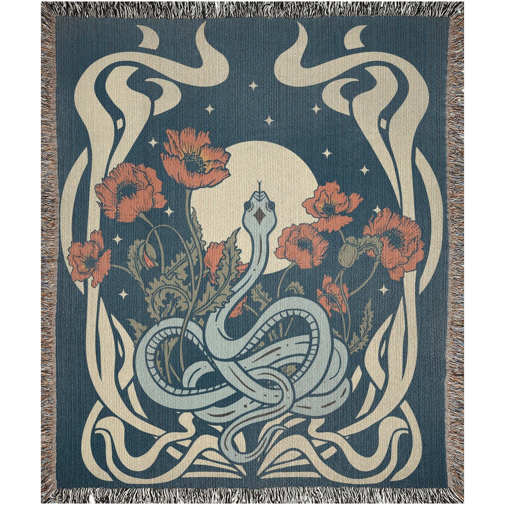 Celestial Snake Woven Blanket: Floral Moon Tapestry, Witchy Occult