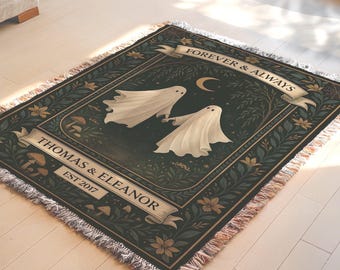 Coperta personalizzata con fantasmi, luna e funghi, arazzo nuziale Whimsigoth, regalo personalizzato per anniversario di matrimonio "Fino alla morte".