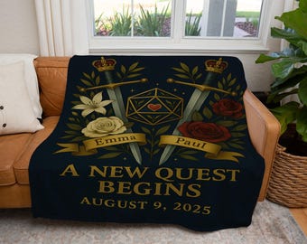 Personalized Fantasy Wedding Blanket | Sword and Dice Crest Woven Throw for Gamer Couples, Romantic Anniversary Gift, Medieval Home Decor