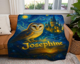 Custom Name Owl Blanket | Personalized Story Book Throw, Fantasy Gift for Kids, Wizard Reading Nook, Magic Castle Room or Book Lover Decor