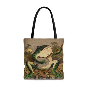 Banjo Frog Tote Bag: Cute Frog and  Toad Shoulder Bag and Vintage Fine Art Book Bag for Cottagecore Tote Bag Aesthetic and Fairycore