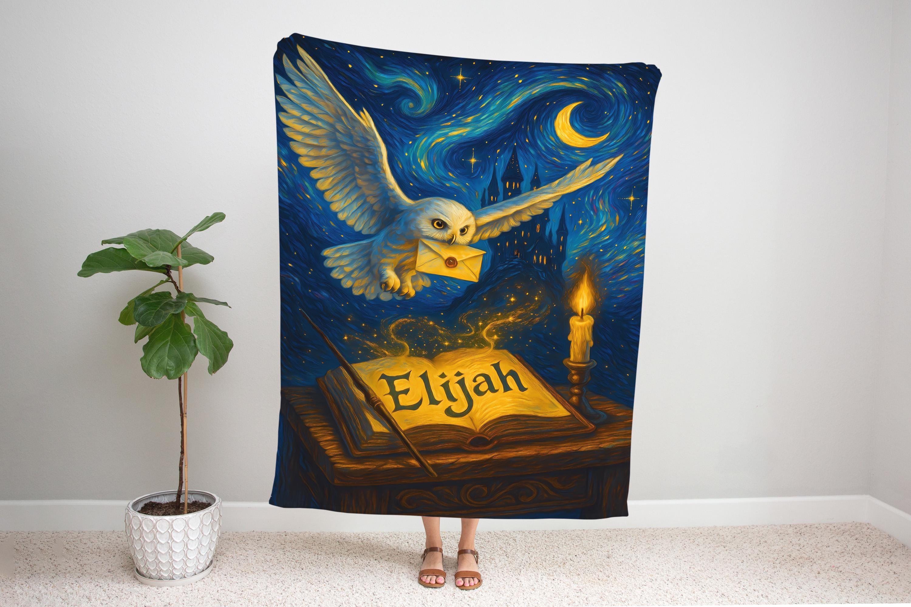 Custom Name Owl Blanket | Personalized Wizard Castle Throw, Fantasy Reading Gift for Kids or Book Lo