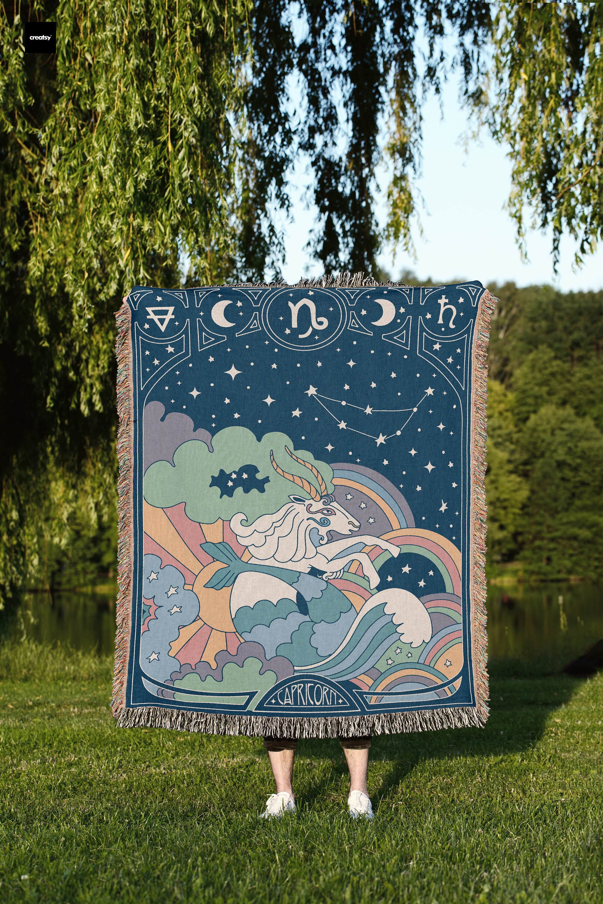 Steinbock Sternzeichen Webdecke: 70er Jahre Astrologie-Wandteppich