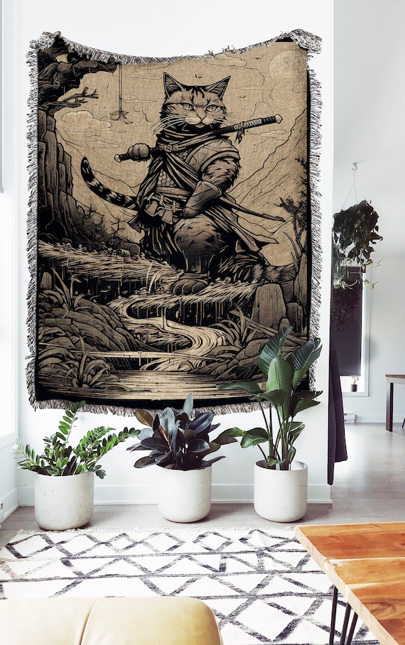 Ninja Cat Woven Throw Blanket: Japanese Warrior Tapestry - Etsy