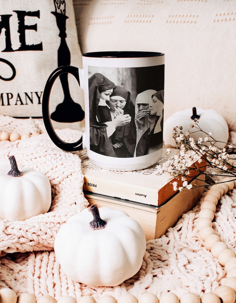 Nuns Smoking Cigarettes Large Coffee Mug: 15oz Handmade Vintage Ceramic Mug; Perfect as Grunge Decor and Indie Kitchen Aesthetic, Goth Mug image 1