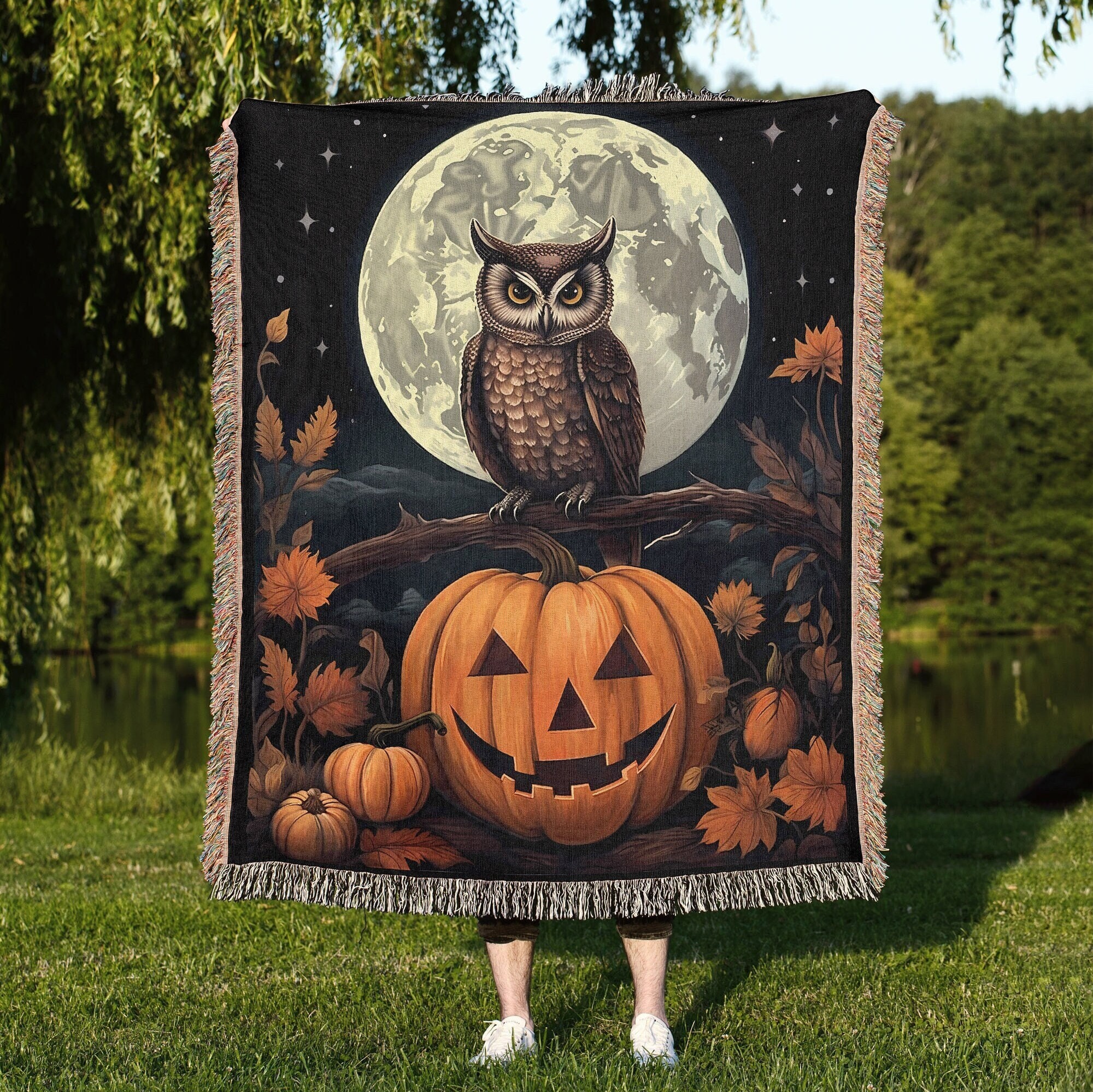 Owl Jack O'Lantern Woven Throw Blanket: Halloween Cottagecore Decor