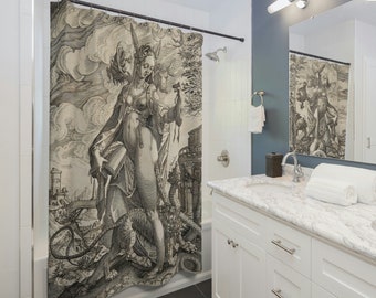 Heresis Dea Witchy Medieval Goddess Shower Curtain | Gothic Dark Art Decor | Occult Pagan Mythology Black Bathroom Decor