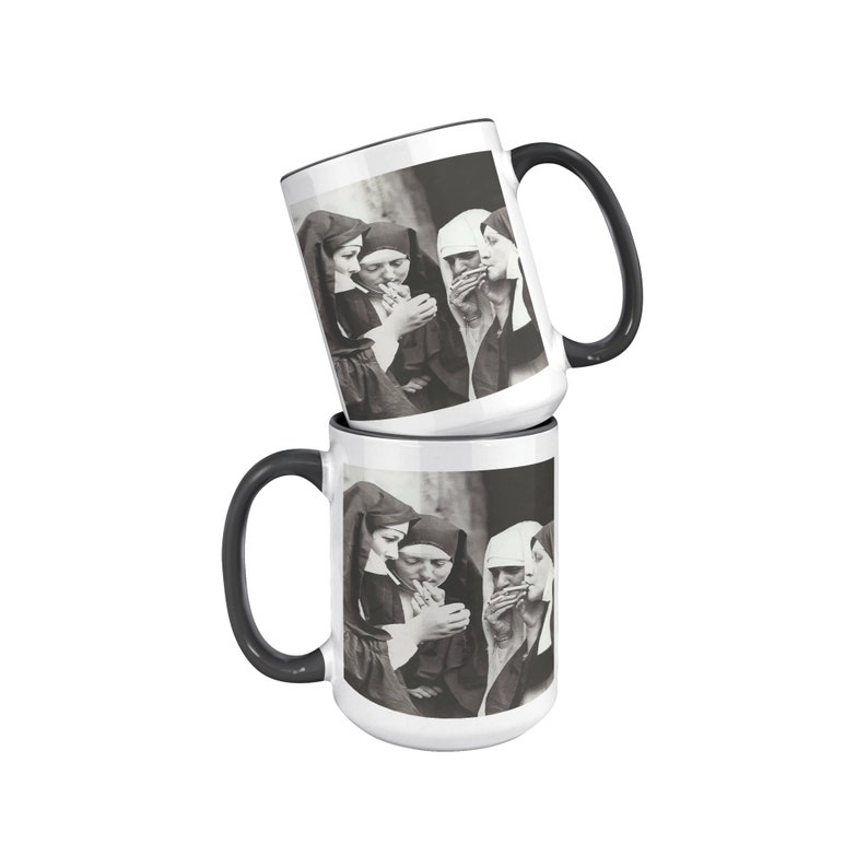 Nuns Smoking Cigarettes Large Coffee Mug: 15oz Handmade Vintage Ceramic Mug; Perfect as Grunge Decor and Indie Kitchen Aesthetic, Goth Mug image 3