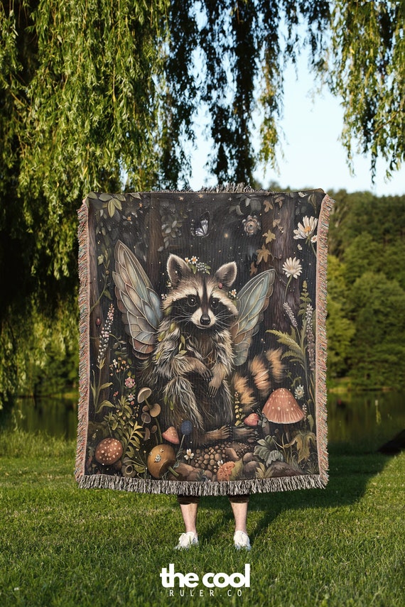 Raccoon Fairy Woven Throw Blanket: Woodland Cottagecore Tapestry