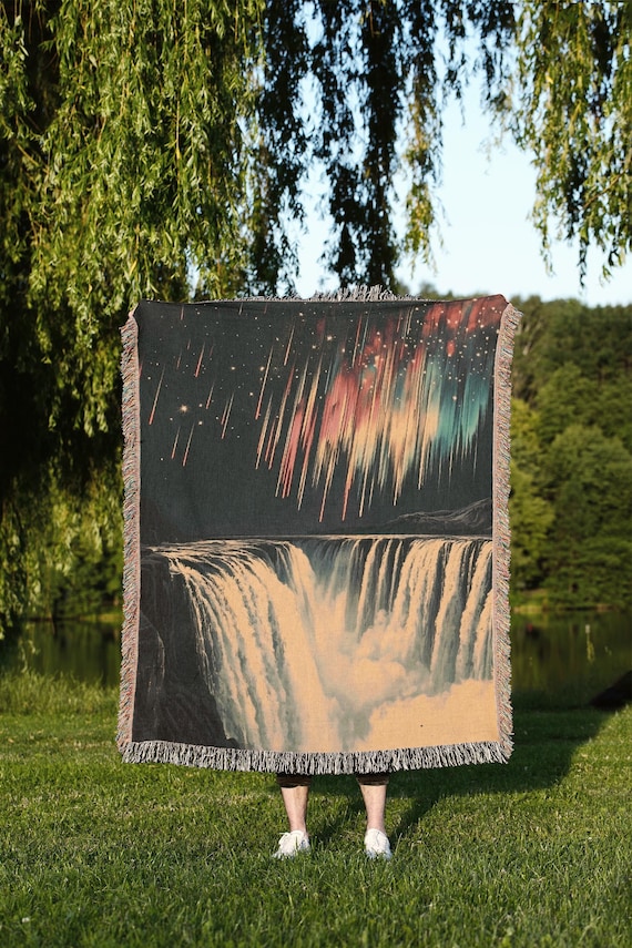 Vintage Meteor Shower Woven Blanket: Celestial Space Art Tapestry