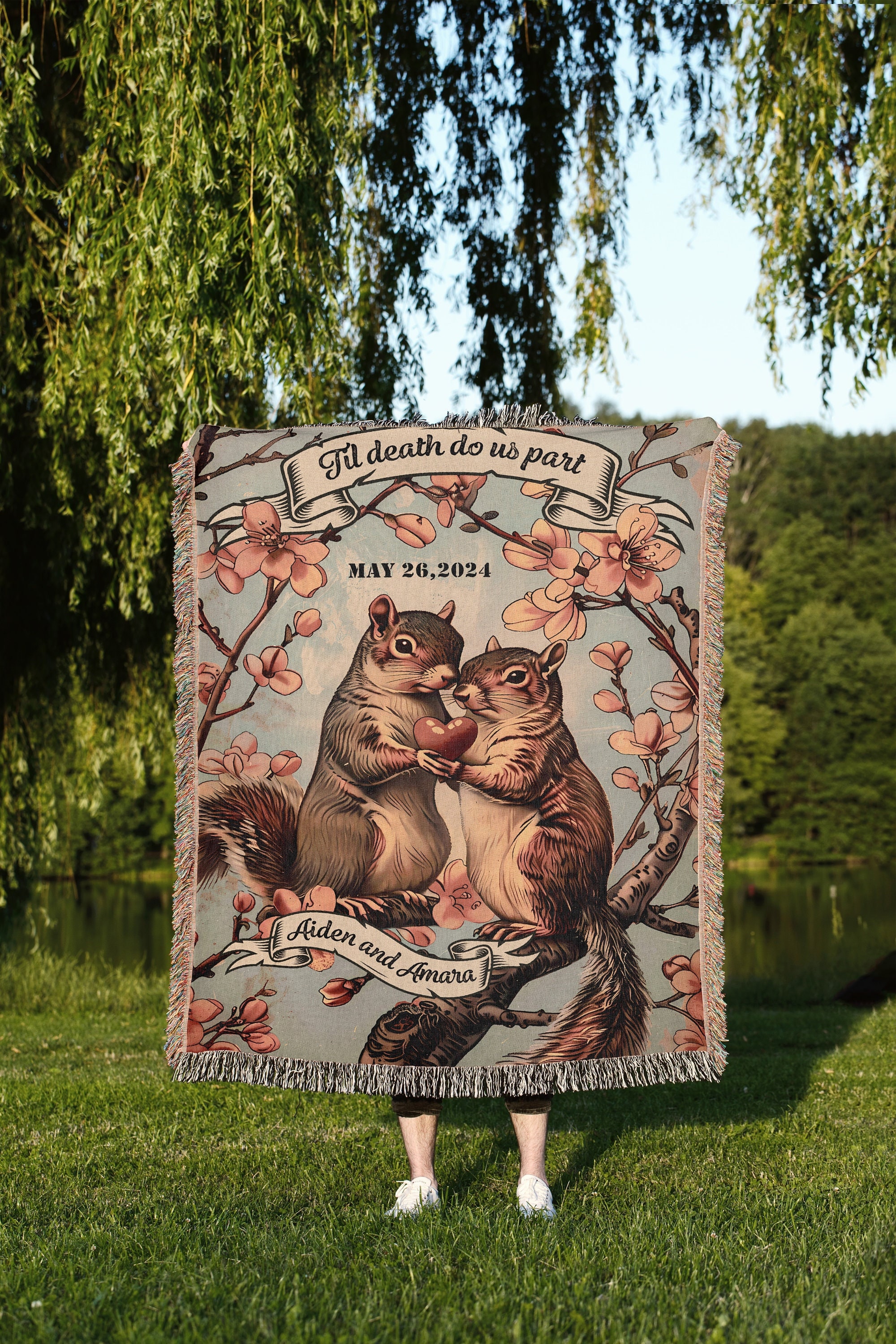 Custom Squirrel Couple Blanket: Personalized Name Tapestry | Cottagecore Anniversary Gift | Woodland Decor for Couples | Rustic Wedding Gift