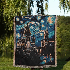 Manta de castillo de mago caprichoso / Manta de tapiz de libros melancólicos para amantes de la lectura y decoración de habitaciones de fantasía, pintura al óleo de noche estrellada