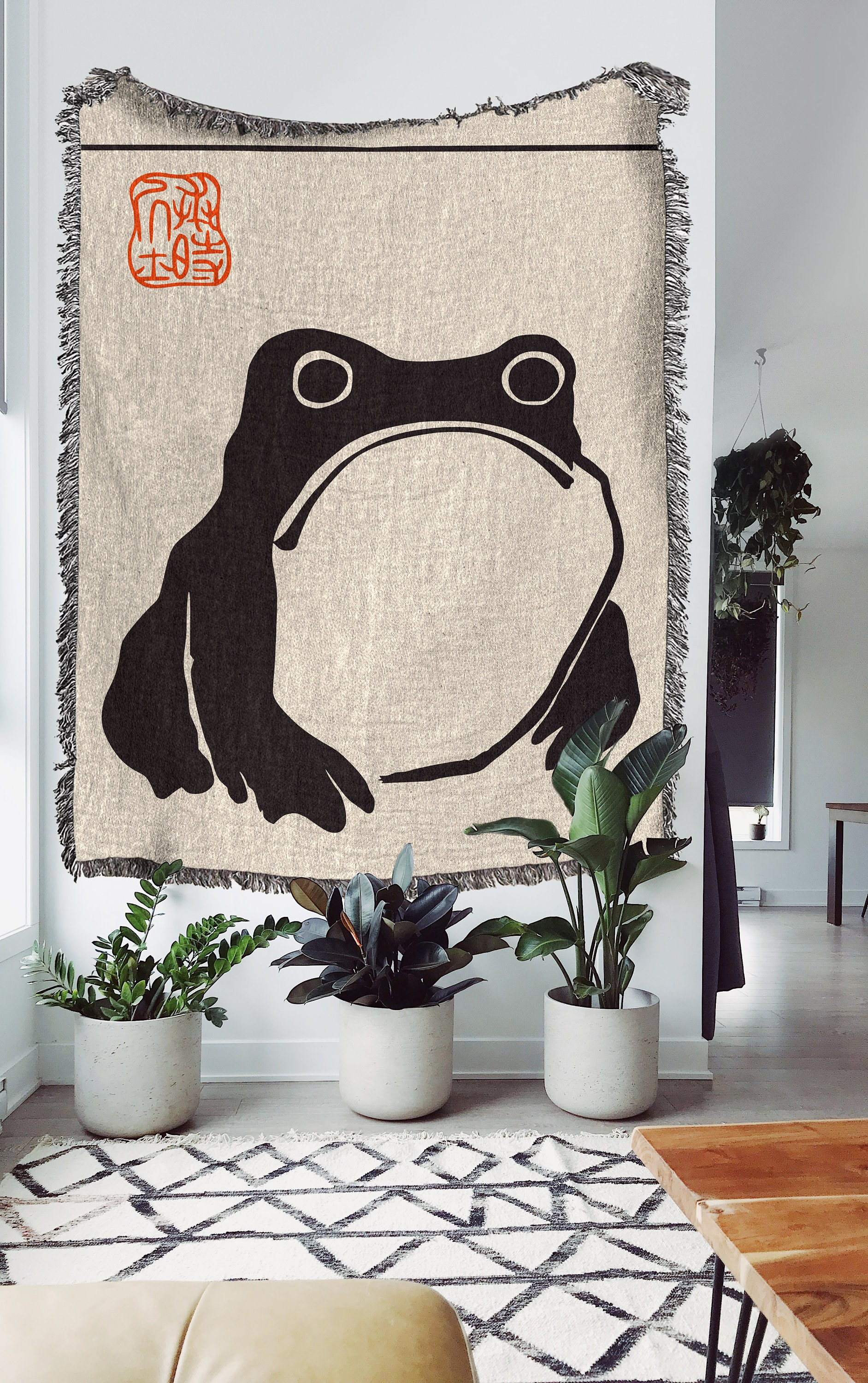 Matsumoto Hoji Frog Woven Throw Blanket: Japanese Decor Tapestry