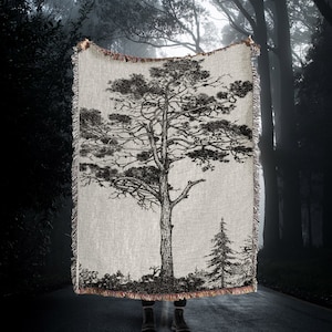 Rustic Tree Woven Blanket: Vintage Forest Woven Tapestry and Fairycore Cotton Blanket for Boho Throw Blanket and Dark Cottagecore Decor