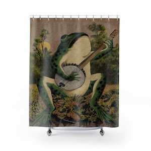 Banjo Frog Shower Curtain: Vintage Frog Art Bathroom Decor, Frog and Toad Shower Curtain for Frog Bathroom Decor and Kawaii