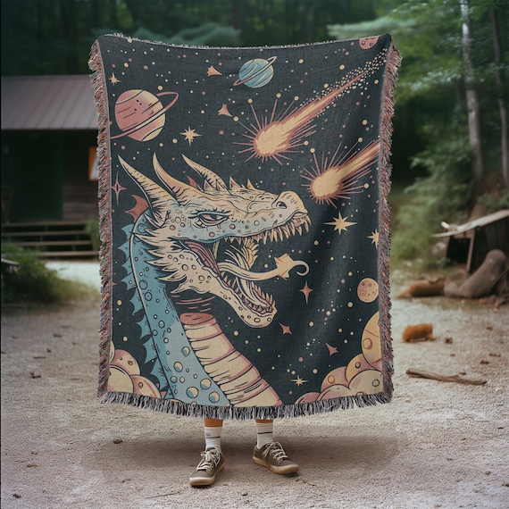 Space Dragon Woven Blanket: Retro Y2K Cosmic Throw
