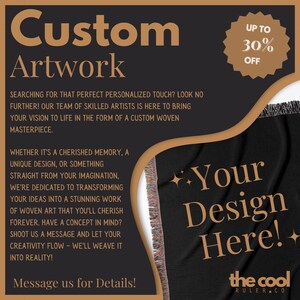 May include: A black woven throw blanket with fringe. The blanket features the text "Your Design Here!" in gold lettering. The text "the cool RULER.CO" is also in gold lettering at the bottom of the blanket. The text "UP TO 30% OFF" is in a white circle with a gold star on a black background.