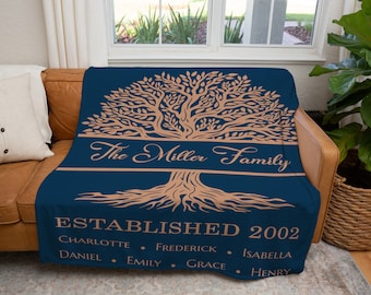 May include: A navy blue throw blanket with a brown tree design and the text "The Miller Family Established 2002" with the names Charlotte, Frederick, Isabella, Daniel, Emily, Grace, and Henry.