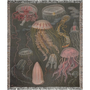 Jellyfish Woven Throw Blanket | Vintage Nautical Coastal Ocean Tapestry, Beach House Sea Life Decor image 7