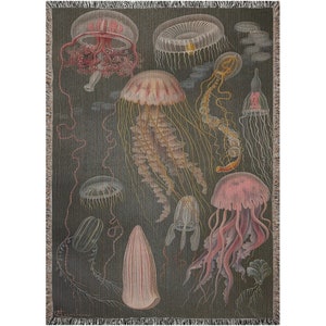 Jellyfish Woven Throw Blanket | Vintage Nautical Coastal Ocean Tapestry, Beach House Sea Life Decor image 4