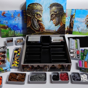 May include: A board game organiser with multiple compartments for storing game pieces, cards, and other components. The organiser is made of black plastic and has a grey lid. The game pieces are in various colours, including red, blue, green, and yellow. The game is called "Fields of Fame".