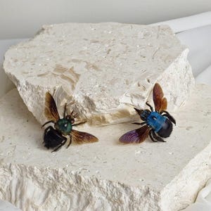 May include: Two decorative bee figurines. One bee has a green head and the other has a blue head. Both have black bodies and brown and purple wings. The bees are displayed on a light-coloured, textured stone.