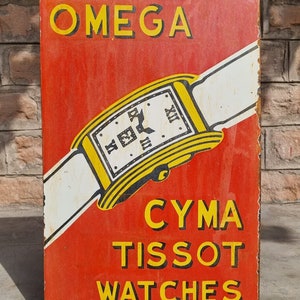 Vintage Old Antique Very Rare Omega Cyma Tissot Watches Adv. Embossed Porcelain Enamel Sign Board , Collectible