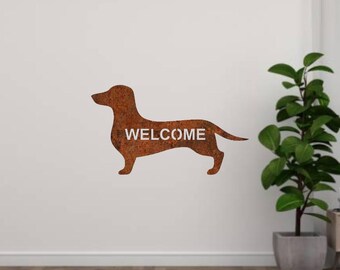 Dachshund ‘Welcome' Sign - Garden Art Decoration - Rusty Metal Wall Art - Gift for Sausage Dog Owner - Weiner Dog Gift - Personalised Sign