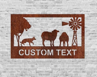 Custom Sign with Farm Scene - Custom Text - Garden Art Decoration - Personalised Sign - Welcome Sign - Metal Wall Art